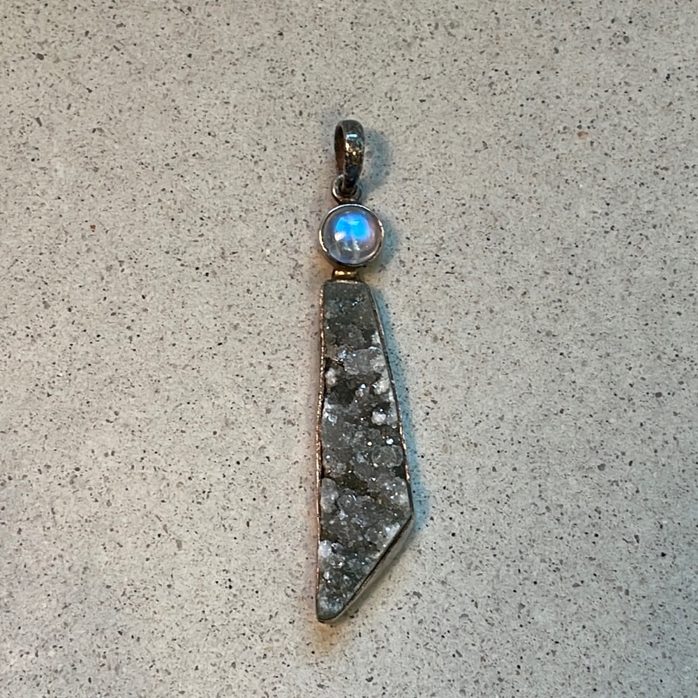 Sparkly silver druzy and milky white/blue moonstone pendant